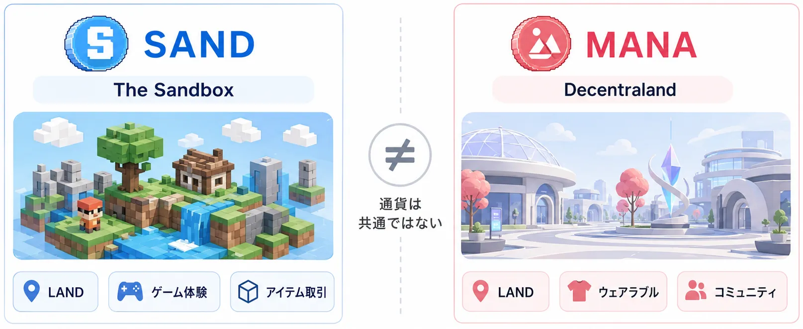 SANDが使われるThe SandboxとMANAが使われるDecentralandの違い