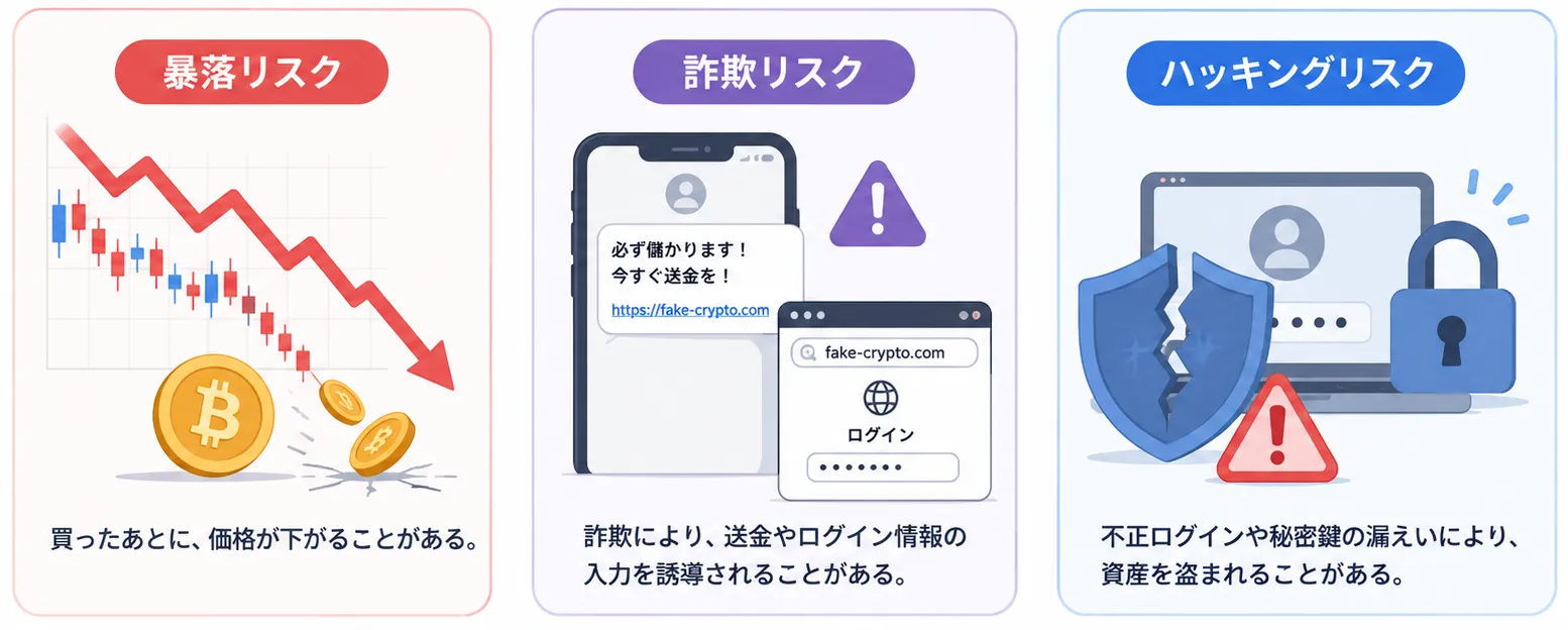 仮想通貨で初心者が注意したい暴落・詐欺・ハッキングの3つのリスク